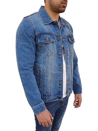 Overdrive Men's Denim Biker Trucker Jacket CE Armored Protective Foam Pads Blue Jeans Fabric with 2 Gun Pockets Medium