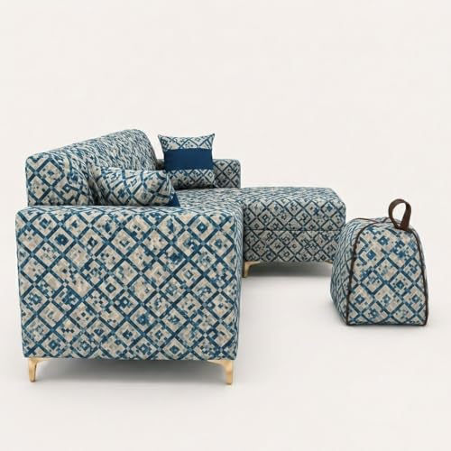 Image of FURNY Signature Regalia 4-Seater L-Shape Sofa Set with Movable Ottoman & Suri Pouf | Flexible LHS /RHS Layout | Tapestry Fabric | 40D Foam + Zigzag Spring | 3-Yr Warranty (Lagoon Mosaic Blue)