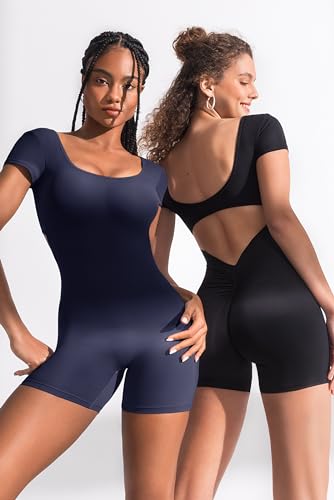 OEAK Macacão feminino de manga curta, gola quadrada, costas nuas, controle de barriga, colado ao cor