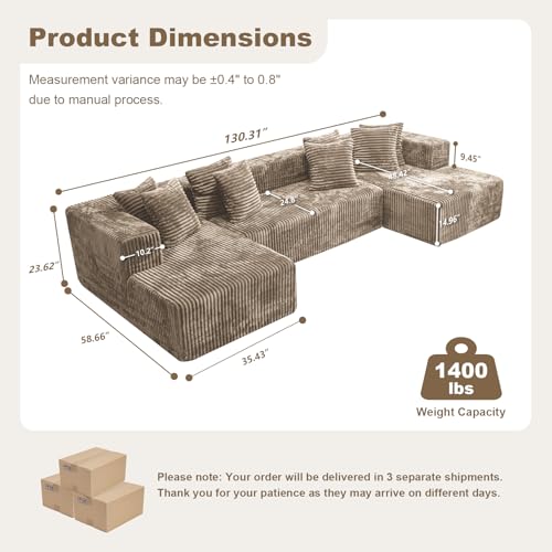 130'' U Shaped Couch, Cloud Modular Boneless Sectional Couches with 2 Chaise Lounge, Modern Upholstered Faux Rabbit Fur Sofa Sleeper Deep Seat Corner Couch for Living Room, No Assembly (Light Coffee) - Image 3