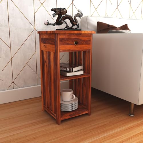 Image of Sheesham Wood Bedside Table with One Drawer and 2 Shelf Storage for Bedroom Living Room Office Solid Wood Table Furniture Nightstand, End Table, Sofa Side Table (Honey Finish)