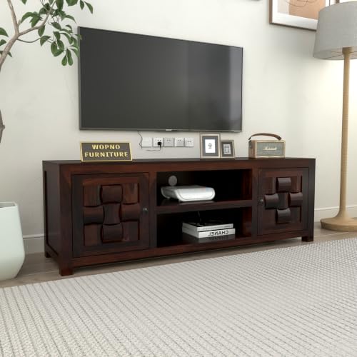 Image of Solid Sheesham Wood Entertainment TV Unit with 2 Door | Rosewood Tv Stand /TV Cabinet for Living Room | Bedroom | Wooden TV Panel with Shelf Stoarge | TV Table