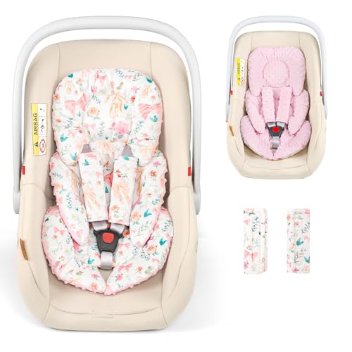 Image of GFU Infant Car Seat Insert Head and Body Support, Reversible Newborn Insert for Carseat with Strap Pads, Soft Stroller Cushion Pillow Insert for Boys and Girls, Fits for Stroller, Swing, Pink Bow