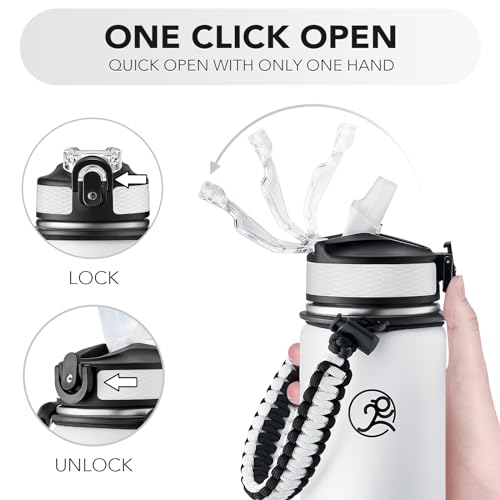 Image of GOSWAG 24oz Insulated Stainless Steel Travel Water Bottle, 2 Lids | with straw and no straw, Paracord handle, Double-wall vacuum keeps drinks cold or hot, Leakproof tumbler
