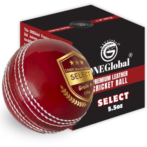 ONEGlobal Select Leather Cricket Ball | 100% Handcrafted, 156g - 5.5oz, 4-Piece Construction | Ideal for T20, Net Practice, Training etc. (Red, 1 Pack)