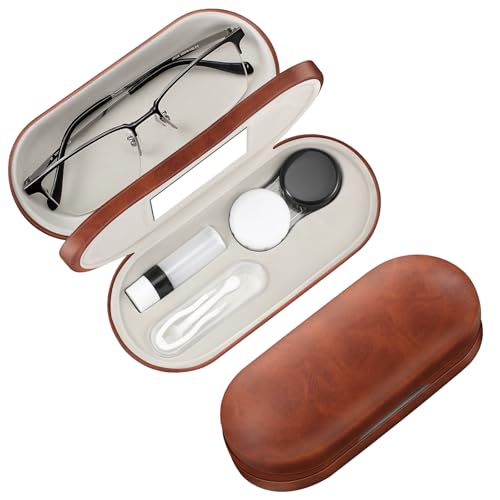 FINTIE Estojo Para Lentes De Contato E Óculos 2 Em 1, Suporte Viagem Portátil Dupla Face Com Espelho Embutido, Frasco Solução Pinça Incluso (Marrom Vintage)