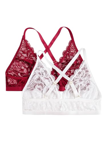 Image of MakeMeChic Women's Plus Size Lace Bralette Front Closure Bras Wireless Deep V Triangle Sexy Lace Bra