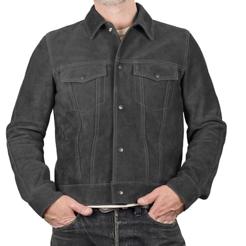 Isaac & David Chicago Mens Trucker Suede Leather Jacket - Western Style Cowboy Leather Jacket Camel/Brown