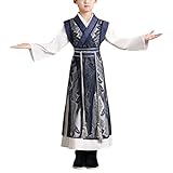 Chinese Traditional Hanfu Costume Kids Ancient Dynasty Knight Martial Arts Clothing Outfits (Height-55Inch, 08-Navy)