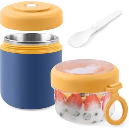 Image of 860ML Double Layer Lunch Container for Office & School, Insulated Food Jar with Snack Compartment, Leakproof Portable Bento Box, Round Lunch Box for Men Women Kids - Blue