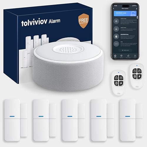 tolviviov WiFi Smart Door/Window Alarm System 8-Piece Kit – App Alerts, Compatible with Alexa, No Monthly Fee, Expandable DIY Wireless Home Security, 1 Siren, 5 Sensors & 2 Remotes (8 Pack)