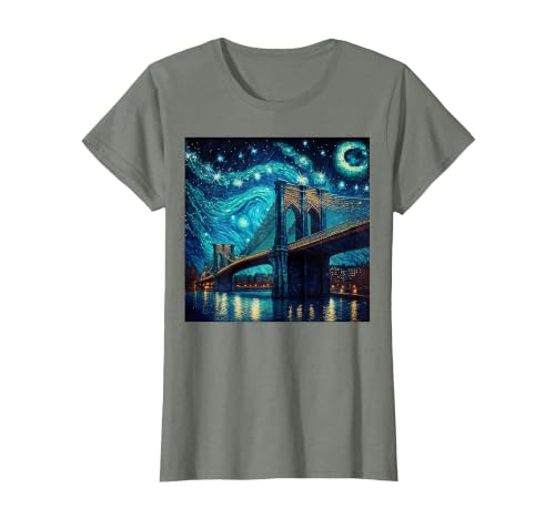 Brooklyn Bridge New York Starry Night T-Shirt, Women, Olive Heather, Small