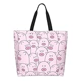 LUVOADALA Cute Piggy Girl Pink Pig Large Tote Bag Simple Casual Portable Shoulder Bags Reusable Grocery Handbag For Women Beach Gym Travel Shopping Work Dance Gifts