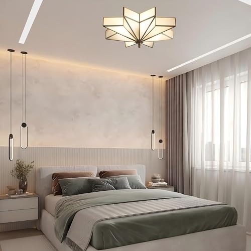 Image of LIGHTLAND 19.7 Inch Flush Mount Star Ceiling Light, 4 Lights Brass Ceiling Lamp with Glass Lampshade, Art Deco Close to Ceiling Light Fixtures for Bedroom Living Room Entryway Hallway, Bronze Color