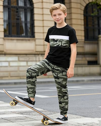 Image of OLMRJKD Boys 2 Piece Outfits Color Block Clothes Short Sleeve T Shirt and Camouflage Pants Summer Clothing Sets
