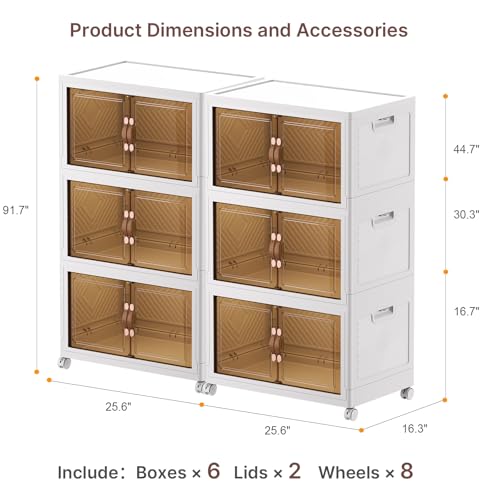 Image of UAMFURI Stackable Storage Bins with Lids, 720QT Lockable Storage Cabinet | Closet Organizers, Foldable Storage Box with Doors and Wheels, Plastic Drawers for Home, Garage, Office (6, White, Large)