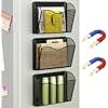 GDINDINFAN Magnetic 3 Single Pocket Wall File Holder, Mesh Wall Paper Organizer, Vertical Mail Basket, Storage Organization Magazine Rack for Office, Home and School, Black