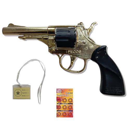 Pistola Giocattolo in Metallo Modello Pecos Oro con Badge da Sceriffo e Confezione di Colpi Set Western 8 Colpi