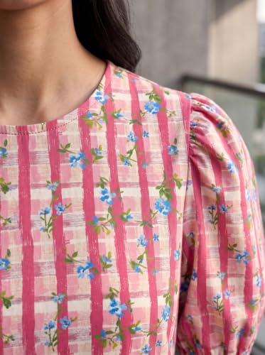 Image of HELLCAT Women Floral Fit & Flare Midi Dress | Round Neck, Puff Short Sleeve, Waist Tie-Up Belt | Casual Brunch Wear, Western One Piece, A-Line Long Frock, Summer Party Outfit