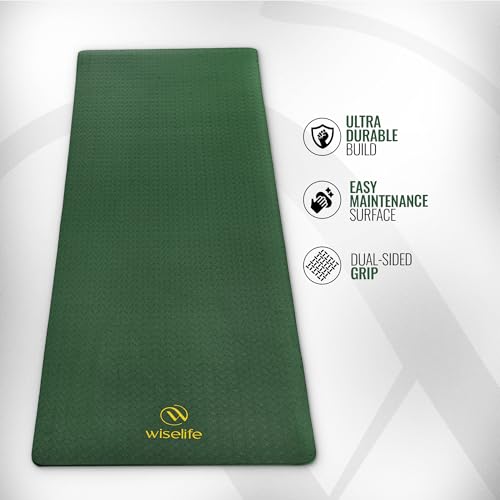 Image of WiseLife Classic Eco-TPE 6 MM Yoga Mat with Yoga Strap for Men & Women | Extra Thick, Long & Wide Non-Slip, Anti-Tear Exercise Mat for Home, Gym, Workout, Fitness, Yoga & Pilates (Green)