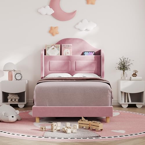 Garveehome Twin Bed Frame for Kids, Upholstered Velvet Princess Platform Bed for Boys/Girls with Wingback, Storage Bookcase Headboard & LED Light, No Box Spring Needed, Noise-Free, Easy Assembly, Pink