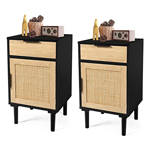 LAZZOSet of 2 Tall Nightstands Wooden Night Stands with Drawer and Shelf Storage Cabinet Home Bedside Table for Bedroom (Drawer+Rattan Cabinet Door)
