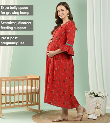 Image of DUMMY SHAPE Feeding Kurtis for Women Cotton Rayon | Floral Pregnancy Anarkali Kurta with Dual Nursing Zippers to Pre & Post Partum | Maternity Dresses | Gifts for Pregnant Woman