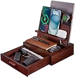 MD MADOATS Nightstand Organizer for Men, Wood Phone Docking Station with Drawer, Bedside Organizer Wallet Watch Stand (Charger Not Included) for Dad Husband Him