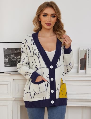 Arssm Cat Sweater for Women Oversized Button Down V Neck Cable Knit Sweater Cute Kawaii Cartoon Cardigan Coat3