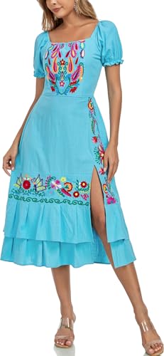 Image of YZXDORWJ Mexican Dress for Women Boho Embroidered Sexy Ruffle Maxi Dress Short Sleeve Summer Beach Wedding Party Dress