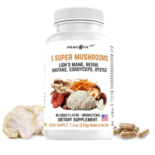 Image of 5 Mushrooms Supplement, 180 Count - Lion's Mane, Reishi, Shiitake, Cordyceps, Oyster Immune & Brain Supplement for Memory and Focus, Lions Mane Mushroom Blend