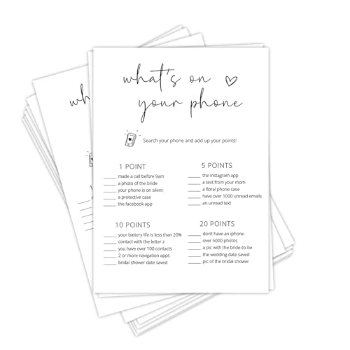 Tsunerrorami Bridal Shower Game Cards for Guests, Fun Wedding Shower Party Activities, 25 What’S on Your Phone Cards, Icebreaker Game for Engagement Party, Minimalist White Design -A17