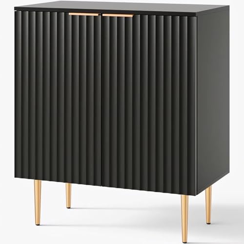 Image of Floated Panel Wooden Sideboard Cabinet | 2 Door Storage Unit with Metal Legs | Premium HDMR Wood Console Cabinet for Living Room, Kitchen & Dining | DIY Leg Assembly | Black