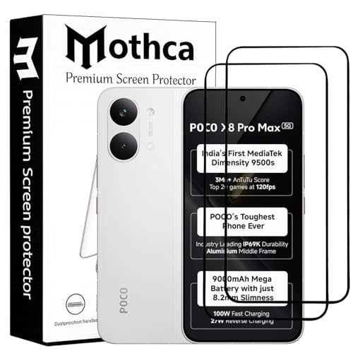 Image of Mothca Gorilla Tempered Glass Screen Protector for Poco X8 Pro MAX | Black | Pack of 2 | Edge-to-Edge Coverage | Scratch Resistant | Easy Installation Kit