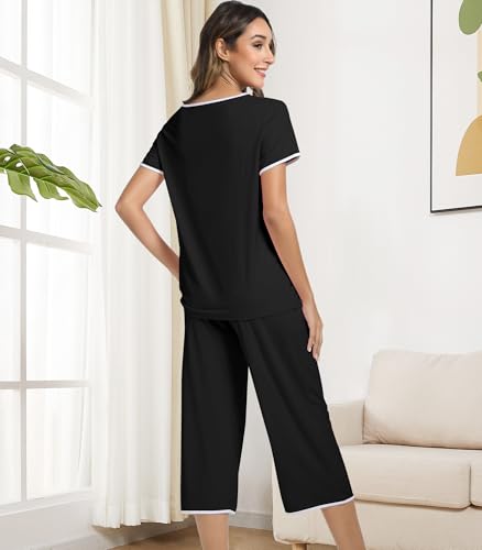 Image of NACHILA Women's Pajamas Set-Viscose Made from Bamboo,Short Sleeve Sleepwear Soft Pjs with Capri Pants Loose Loungewear