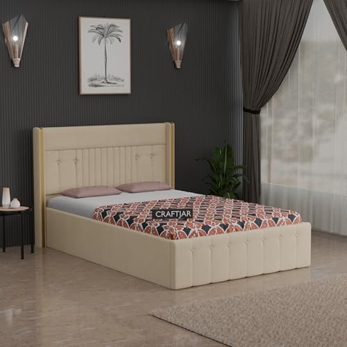 Image of Solid Wood Upholstered Single Bed for Bedroom with Storage | Premium Fabric with Button Tufted Headboard | Wooden Single Cot /Palang for Home | Modern Single Bed | Cream