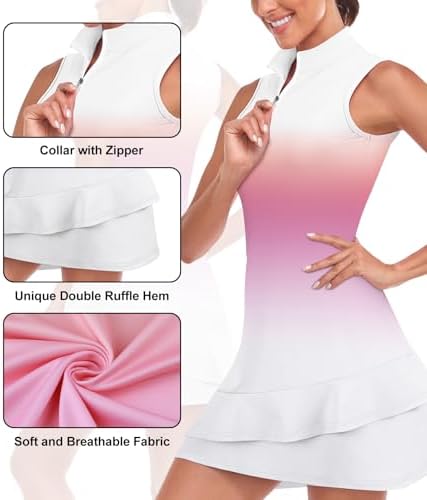 Viracy Tennis Dress for Women Workout Dresses Athletic Dress with Built in Shorts, Pockets Sleeveless Golf Dresses Zip Up Stand Collar Lightweight Ruffle Hem, Gradient Sunset, S — view 3