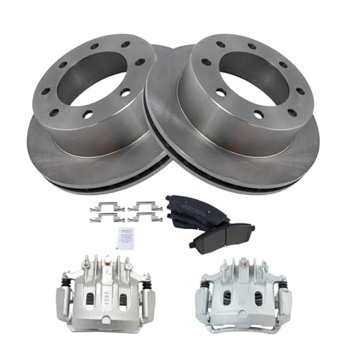 Image of TRQ Rear Brake Pad, Caliper, & Rotor Kit Semi-Metallic Compatible with 2000-2005 Ford Excursion 2000-2004 F-250 Super Duty F-350 Super Duty
