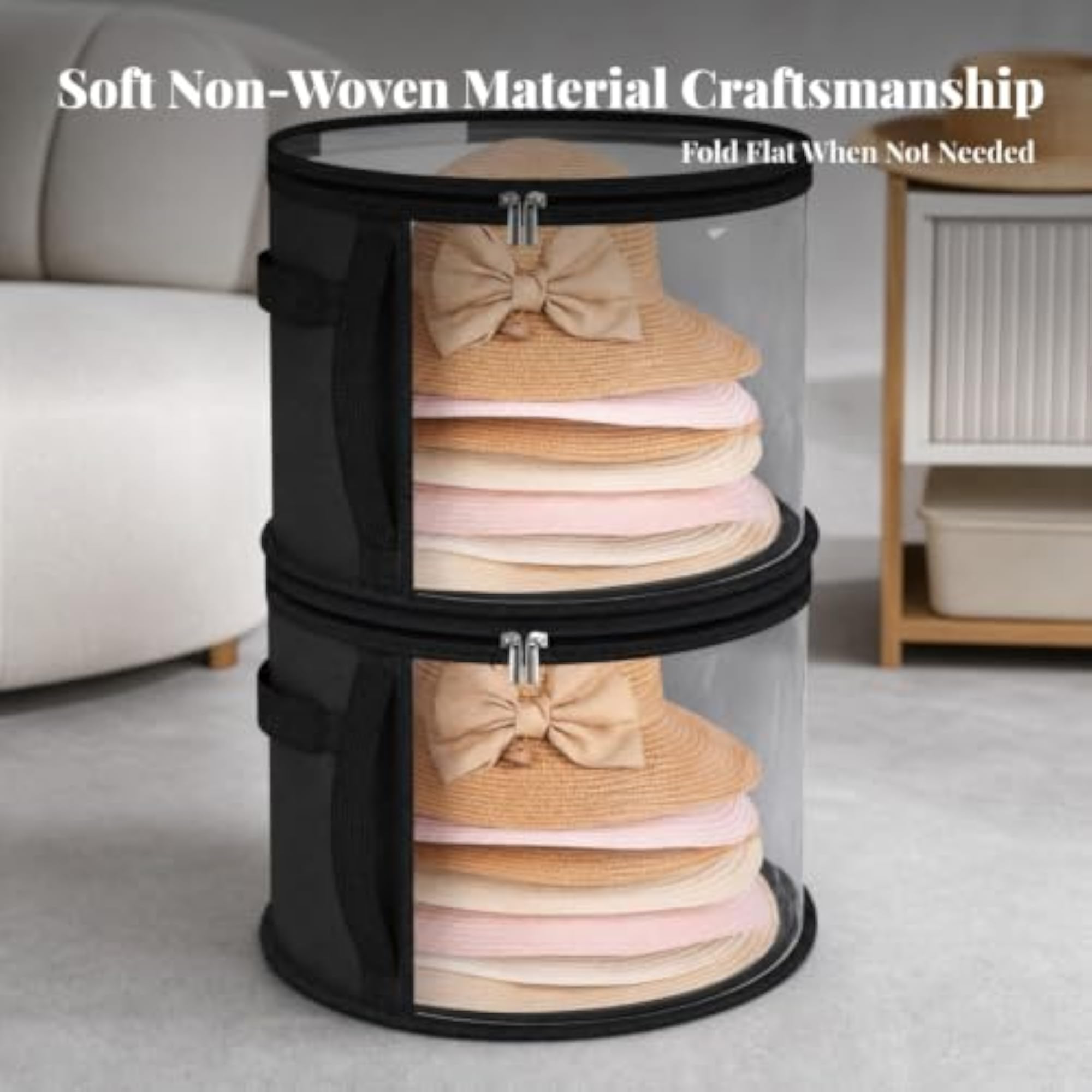 Lightweight Dustproof Hat Storage Container with Transparent Viewing Panel, Black