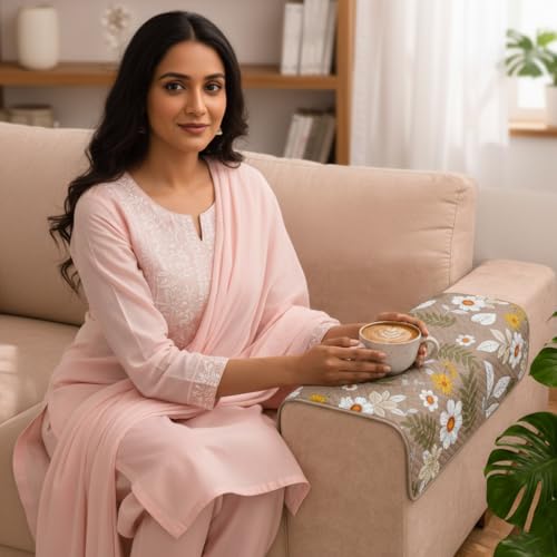 Image of STITCHNEST 'Frostvine Collection' Sofa Armrest Cover | Cotton Quilted Fabric, Washable & Durable for Modern Living (18 x 22 Inches)