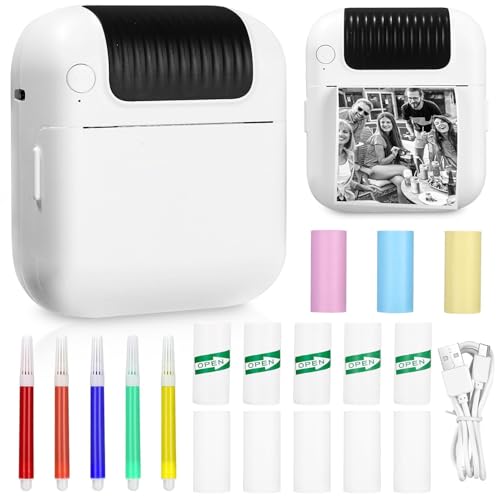 SOBEAU Mini Impresora Termica, Impresora Fotos Movil Portatil, Impresora Pegatinas Autoadhesivas, Bluetooth Impresora Termica con 13 Rollos de Pape, para Lista, Fotos, Nota