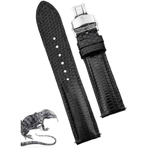 vinacreations 22mm Black Genuine Lizard Watch Band Deployment Clasp Men Quick Release Exotic Leather Watch Strap Vintage Replacement Wristwatch Strap Handmade DH-91D-S-22MM Cover