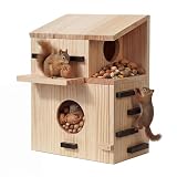 Large Wooden Squirrel House Outdoor,Squirrel Nesting Box with Dual Balconies,Lockable Front Panel, Observation...