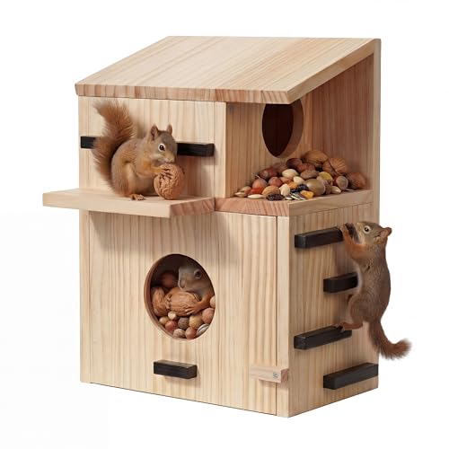 Large Wooden Squirrel House Outdoor,Squirrel Nesting Box with Dual Balconies,Lockable Front Panel, Observation Window,Chipmunk Houses,Easy to Install Squirrel Box for Backyard, Tree or Fence