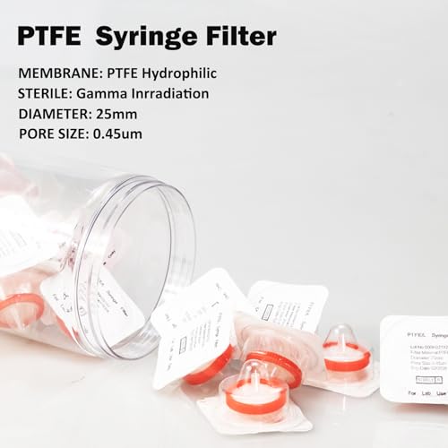 Image of Sterile Syringe Filter PTFE Hydrophilic Filtration 0.45 um Pore Size, 25 mm Membrane Diameter, 20 Pack, Sterile Packed Individually for HPLC Sample Preparation
