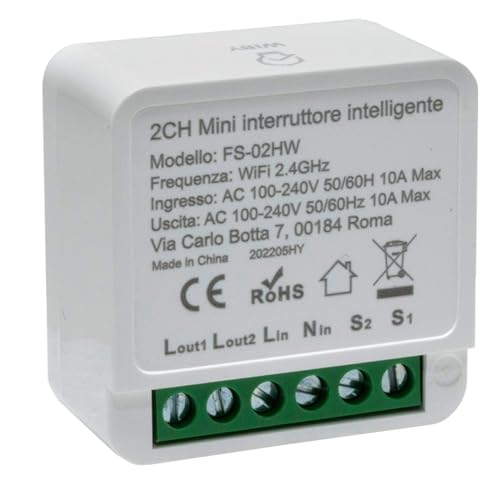 Planetitaly Mini interruttore intelligente doppio commutatore ON OFF SMART WiFi 2 CH 2 canali domotica controllo vocale temporizzatore 2 vie 230V 10A FS-02HW