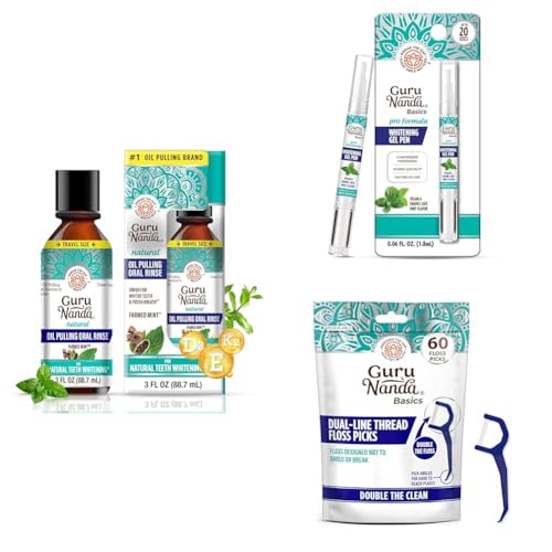 GuruNanda Travel Oral Care Bundle: Coconut Oil Pulling Mouthwash (3 oz) with 7 Essential Oils, Teeth Whitening Pen (0.06 fl oz) & Dual Line Floss Picks (60 ct) for Effective Plaque Removal image 2