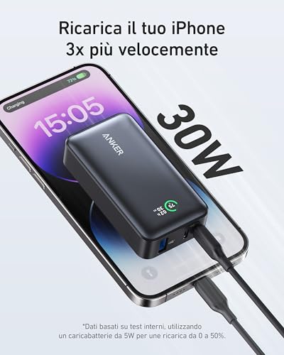 Anker Power Bank Ricarica Rapida, 533 PowerCore 30W con PD Max Output, Power IQ 3.0 Caricabatteria Portatile, 10,000mAh iphone 17/16 pro max/16 pro/15/14/13 Series, MacBook,iPad（Nero） - Immagine 2