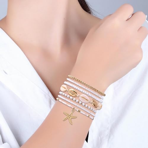 7pcs Summer Beach Bracelets for Women, Stackable Shell Seashell Starfish Beaded Surfer Bracelets Set Boho Seaside Holiday Vacation Party Friendship Jewelry Gift4