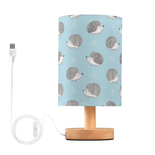 YYZZH Table Lamp Hedgehog Flower on Watercolor Blue Nightstand Lamp with Wood Base Fabric Lamp Shade Bedside Desk Lamp for Living Room Bedroom Kids Room Office